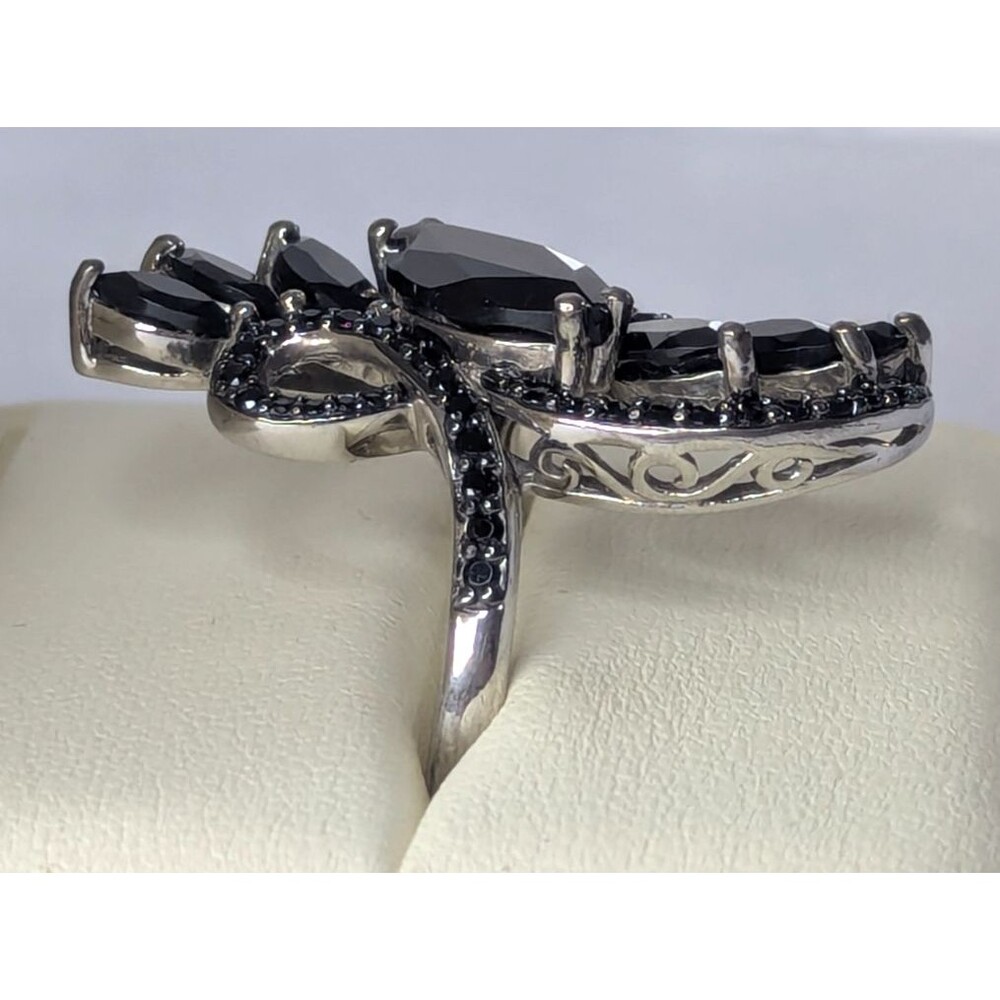 Black Spinel Cocktail Ring - Sterling Silver, Marquise, Swirl, Size 11 - Picture 3 of 6
